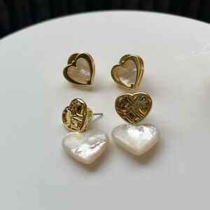 Carolina Herrera stone heart earrings, set of two. Gold and white pearly stone.